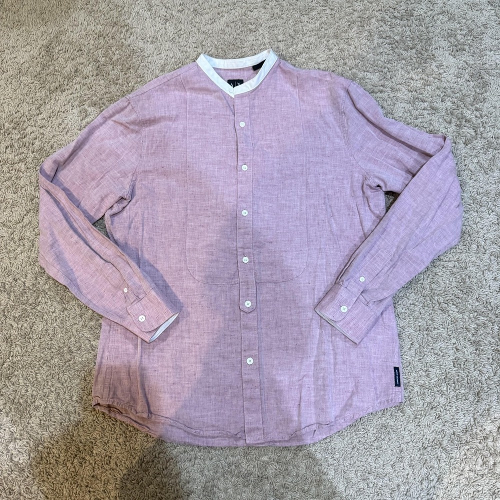 Armani Exchange Shirt Mens Large Pink Linen Band Collar Long Sleeve‎ Regular Fit